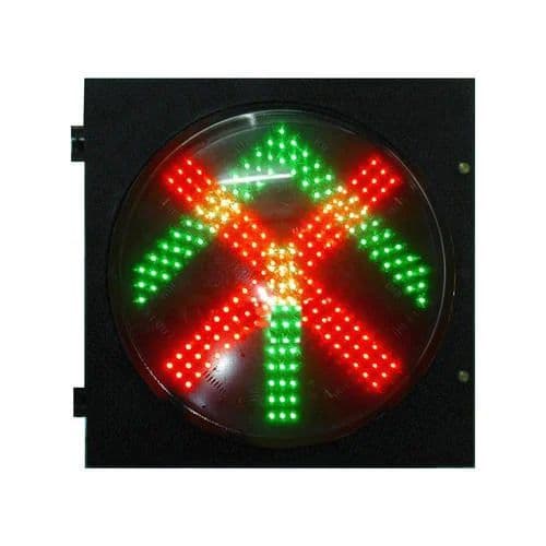 Overhead lane status signal showing red cross and green arrow