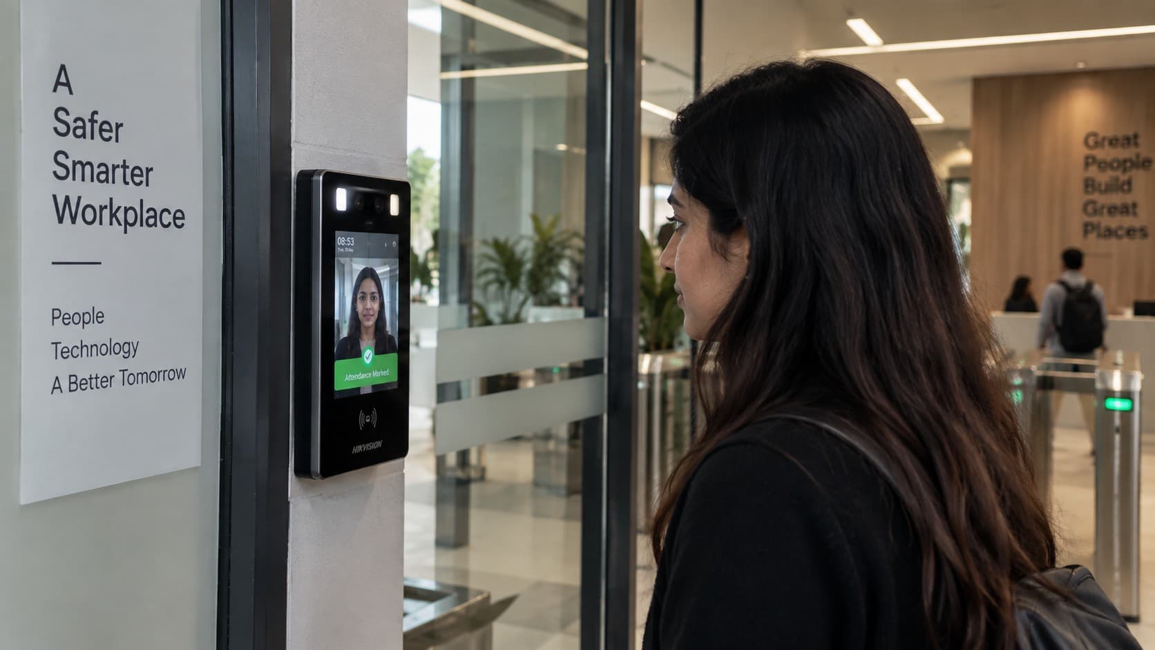 Employee using face recognition attendance terminal at an office entrance