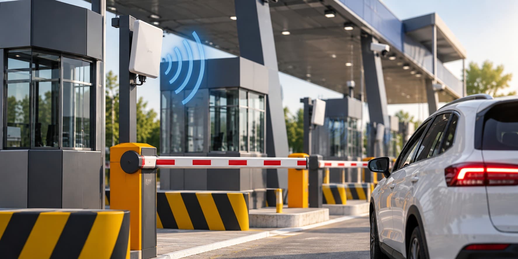 RFID reader mounted at a toll plaza lane, reading a vehicle tag