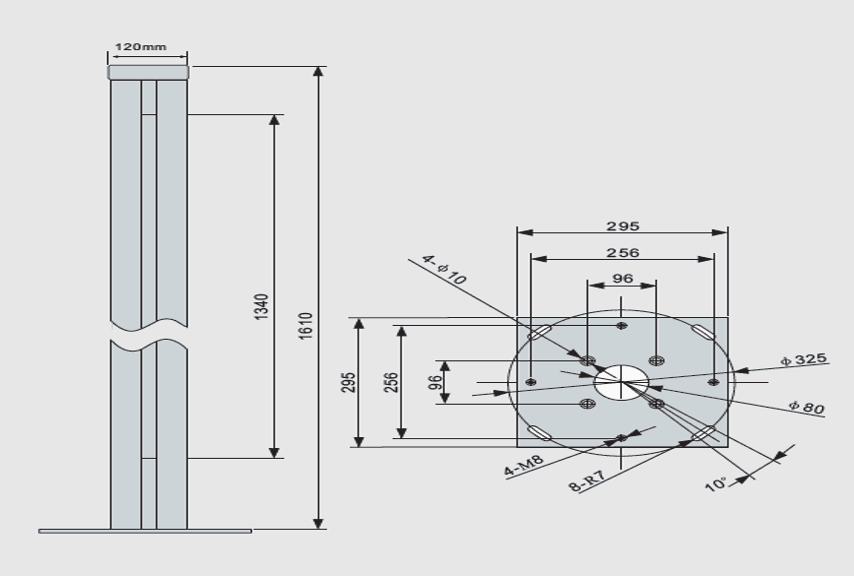 Dimensional drawing of the pillar and base plate used in an MS weigh in motion installation