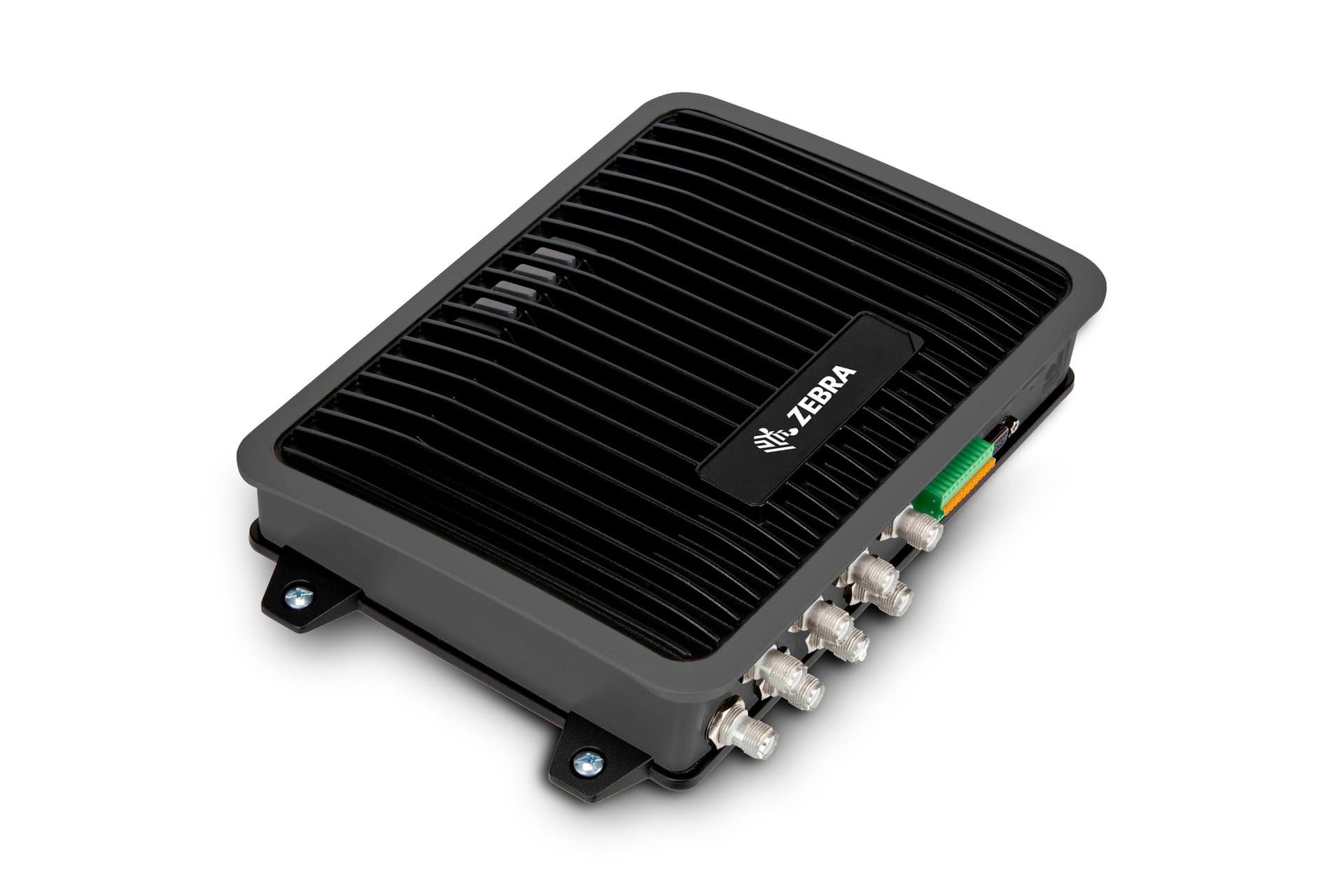 Zebra FX9600 fixed UHF RFID reader, angled view showing antenna ports