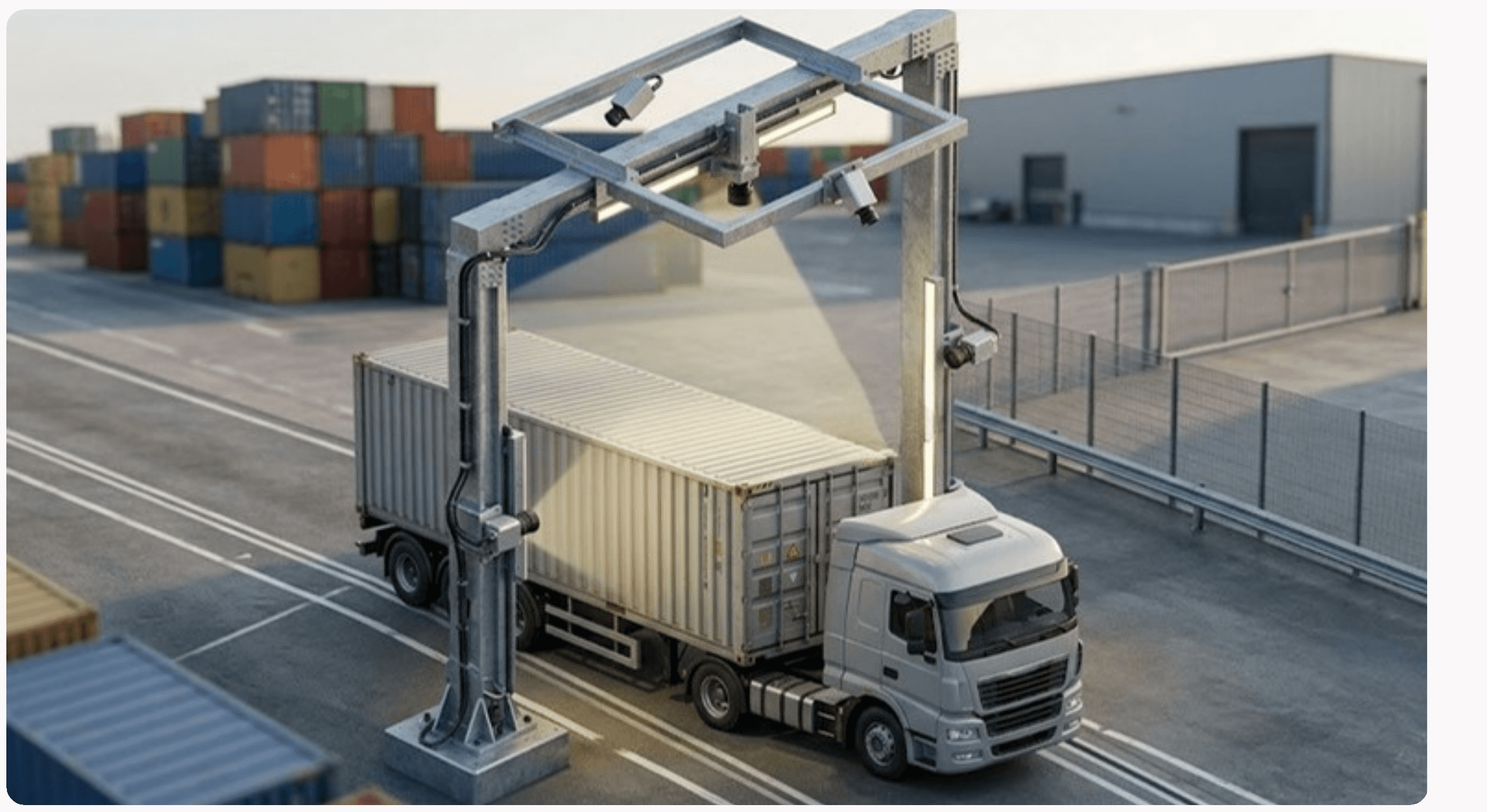 Overhead gantry scanning a container truck for damage on five sides