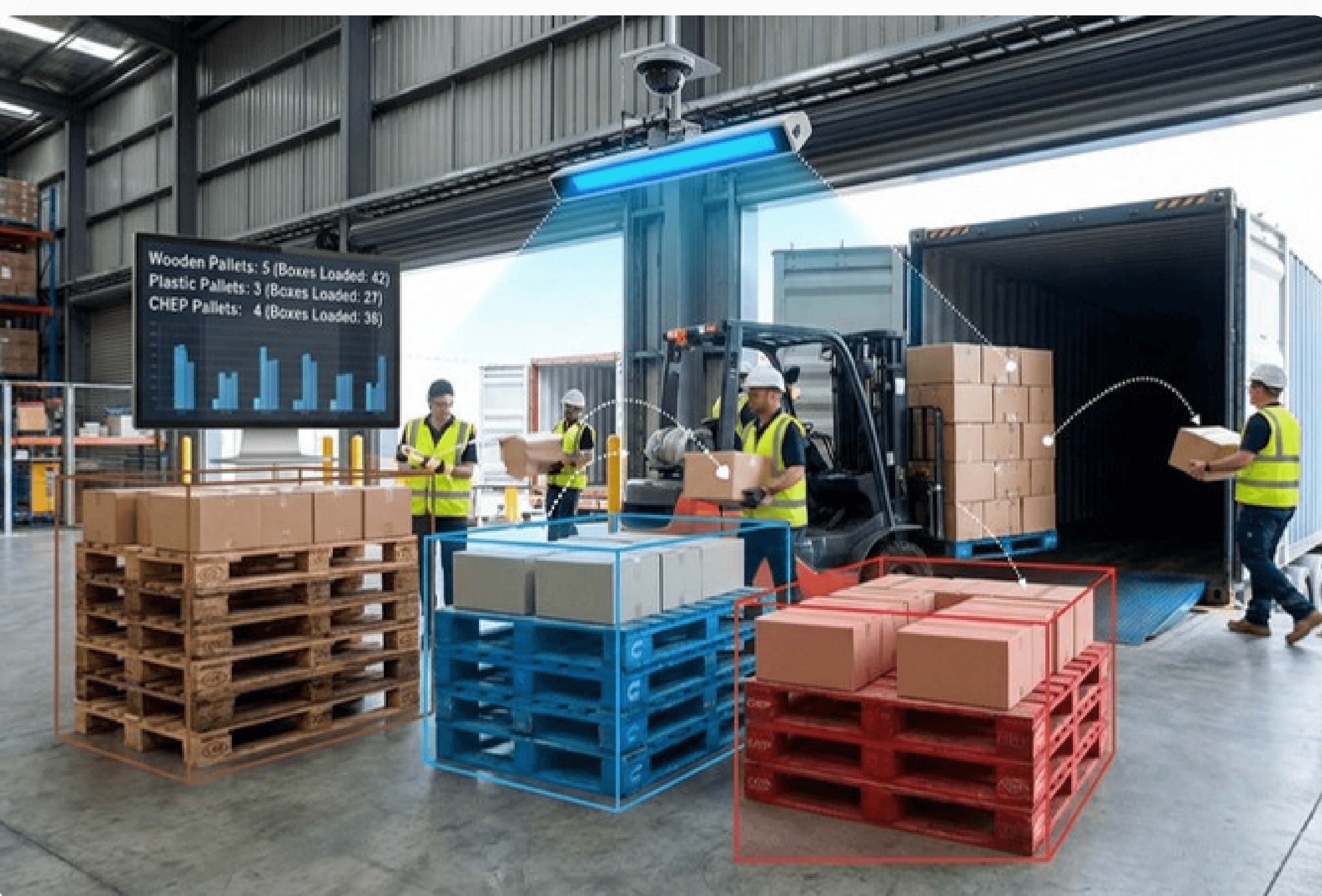 Camera detecting and classifying different pallet types being loaded